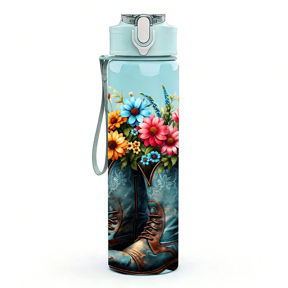 1PC Cowboy Boot Wildflower Bouquet 750ml Color Plastic Sports Water Bottle Leakproof Flip Straw Lid Suitable for Sports Office Home Use
