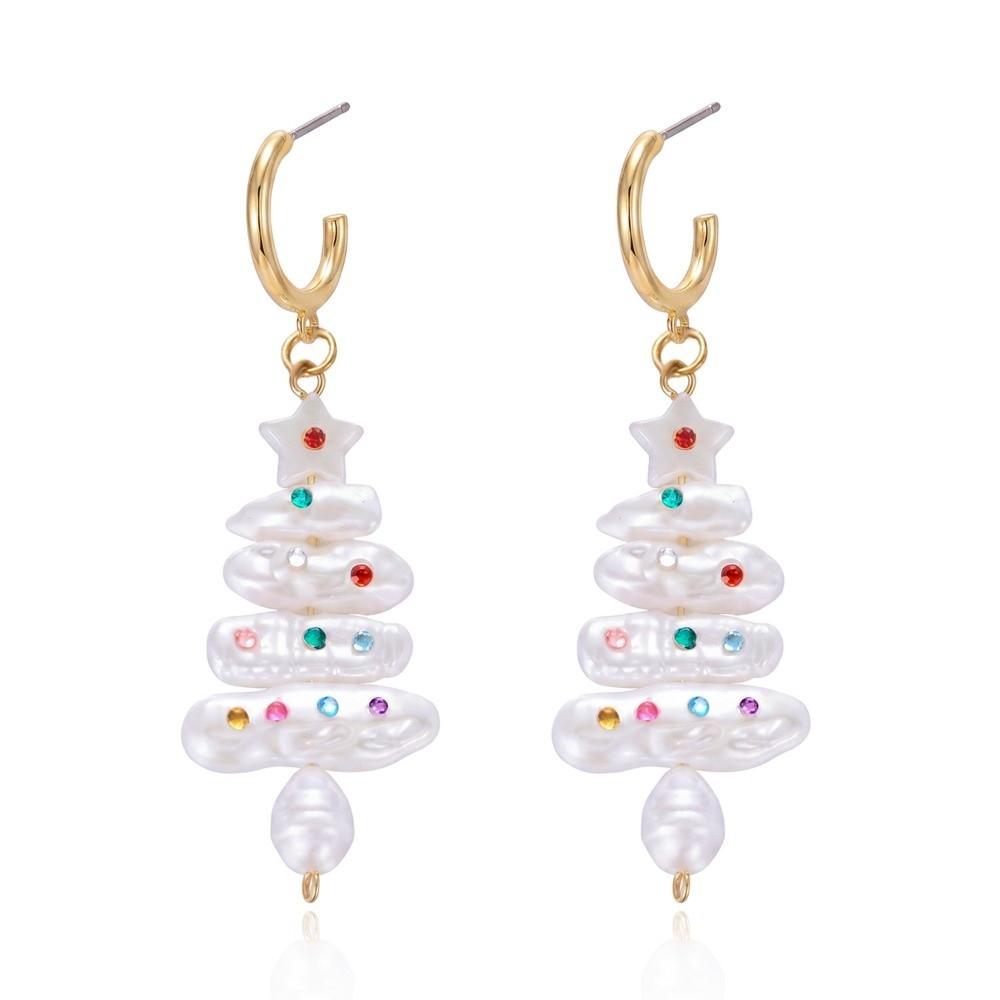 Crystal Christmas Tree Earrings Colorful Rhinestone Imitation Pearl Earrings Christmas