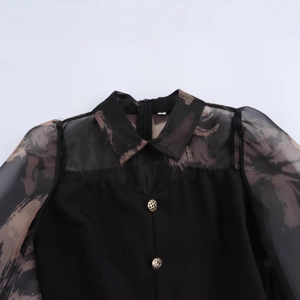 2025 Spring Women's Fashion: European-American Style Versatile Organza Print Top
