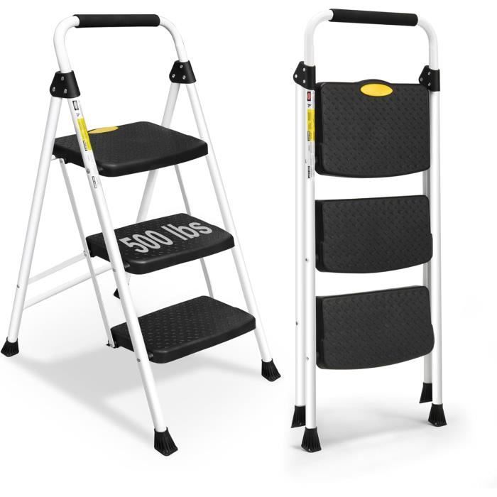 HBTower Escabeau Domestique 3 Marches en Acier Blanc