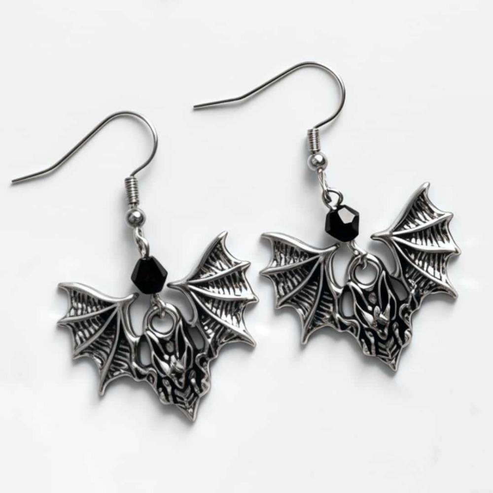 Pendientes Largos Retro Góticos Color Plata El Ojo de Horus Calavera Murciélago Cuervo Mariposa Gato para Mujeres Joyería de Fiesta de Halloween Regalos