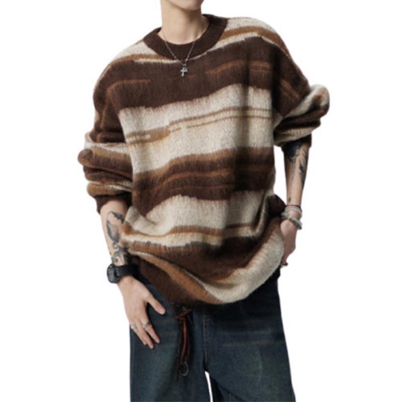European Plus Size Mink Velvet Striped Knit Men's Sweater - Soft, Fluffy, Trendy for Autumn/Winter