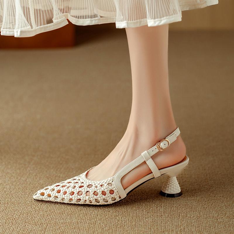 Fashion NEW Summer Women Sandals Fashion Shoes for Women Pointed Toe Strange Heel Shoes Cover Toe Slingback Sandals Weave Handmade Shoes