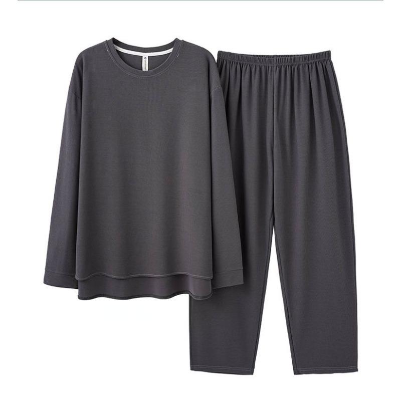 New Men Pajamas Spring Autumn Long-sleeved Sleepwear Winter Cotton Pullover Solid Color Round Neck Casual Homewear Suit