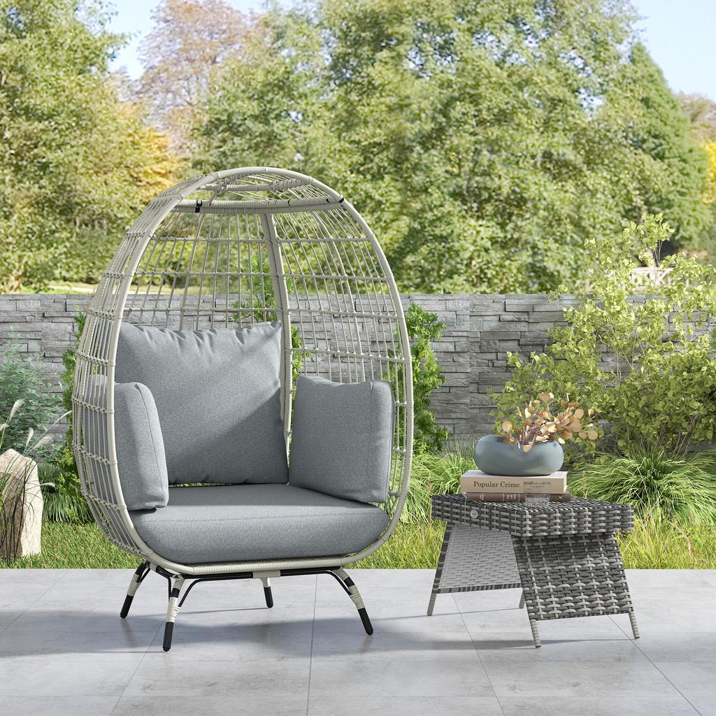 Rattan Egg Chair with Cushions and Pillows, Charcoal Grey