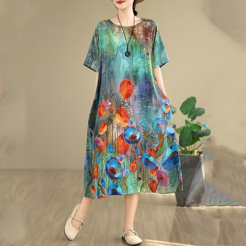 

Новое винтажное платье с цветочным принтом больших размеров с коротким рукавом для женщин, повседневное свободное длинное летнее платье
