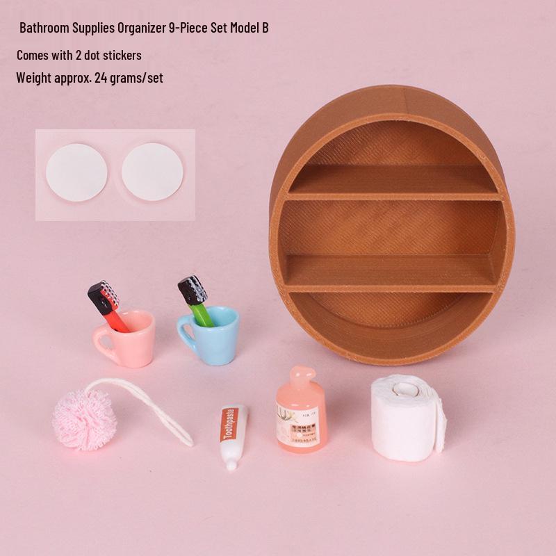 Miniature Dollhouse Bathroom Set: Toothbrush, Toiletries & Wall-mounted Storage Rack