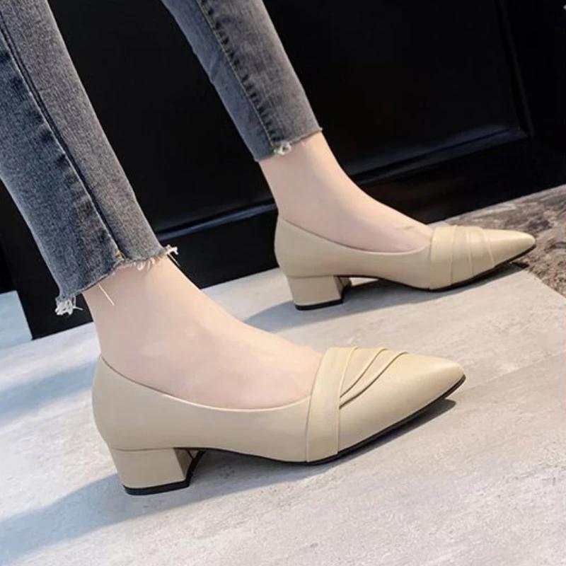 Fashion Woman Pumps Shoes for Women Chunky Heels Block Heel Pointed Toe with Medium Comfortable and Elegant Genuine Mark Fashion Stylish