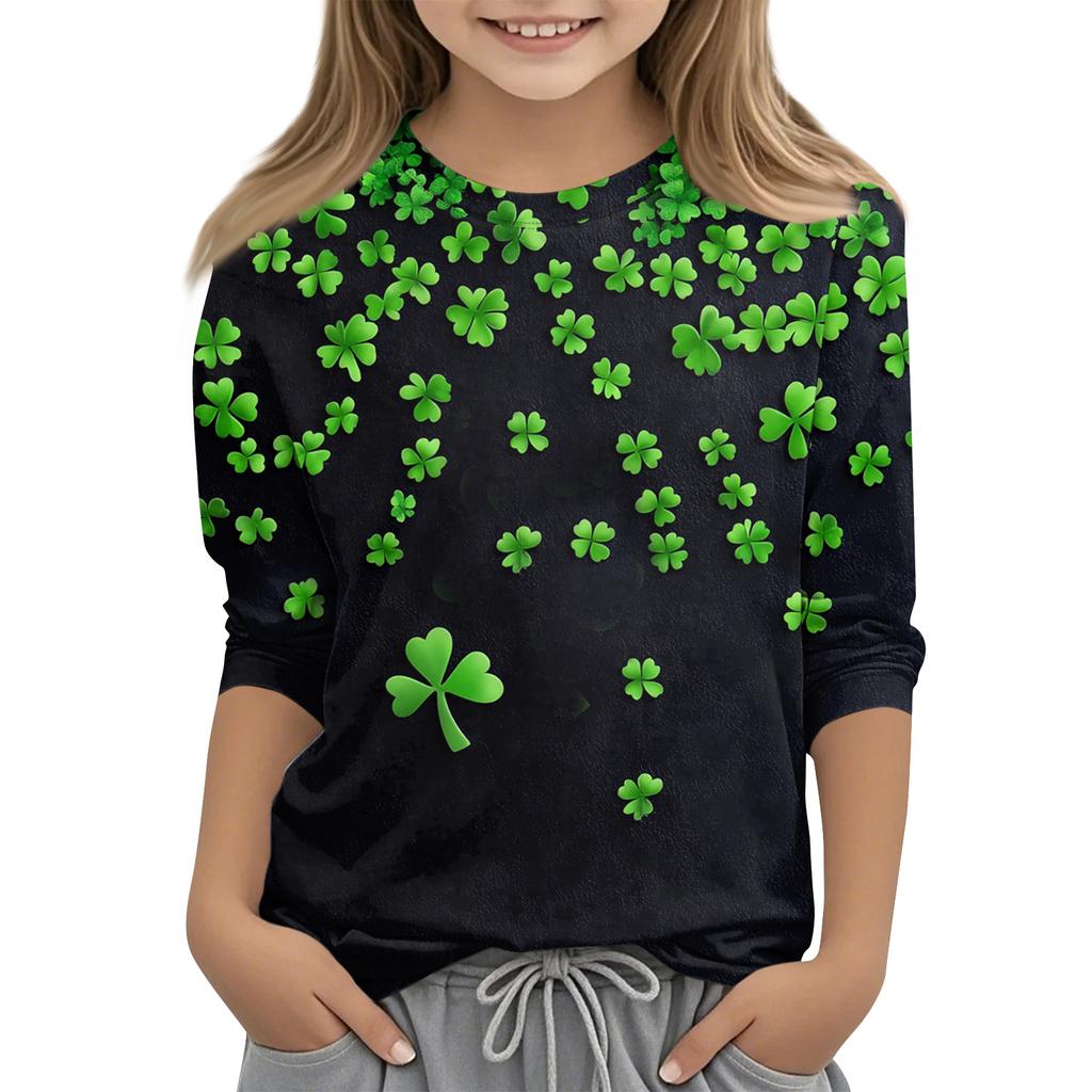 St. Patrick's Day Print Tops For Youth Girls 4-11 Years Round Neck 3/4 Sleeves T-Shirts Trendy Tops Outfit Tees