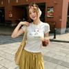 Fashion Versatile Pure Desire Sweet and Spicy Lamb Printed Love Short Sleeve Lace T-Shirt Women's Summer New Waist Top Trend