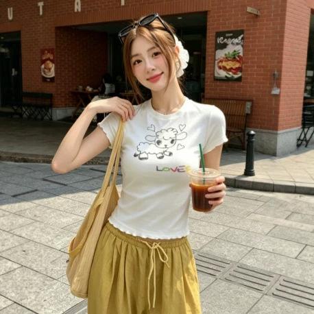 Fashion Versatile Pure Desire Sweet and Spicy Lamb Printed Love Short Sleeve Lace T-Shirt Women's Summer New Waist Top Trend