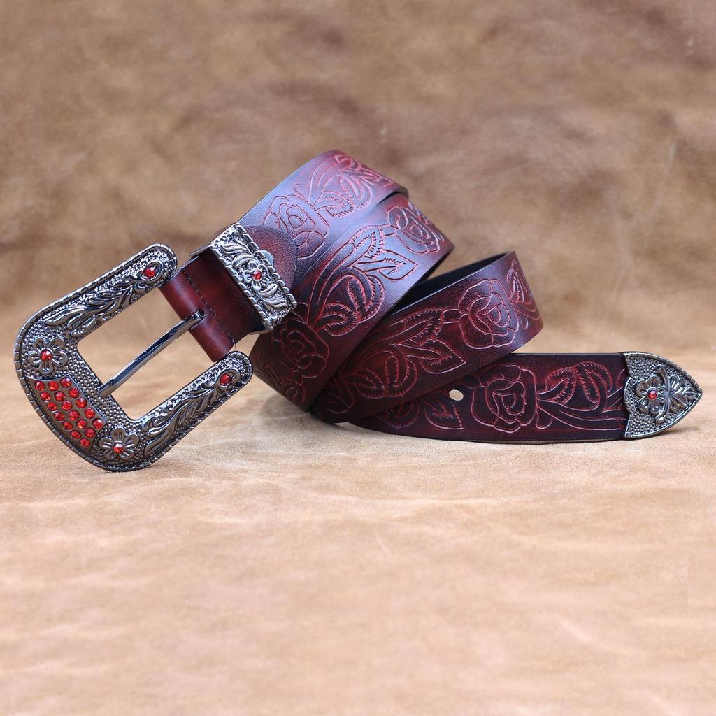 Western Embossed Cowhide Leather Belt - Retro Pin Buckle Men's Genuine Leather Belt for Trendy Young Men.