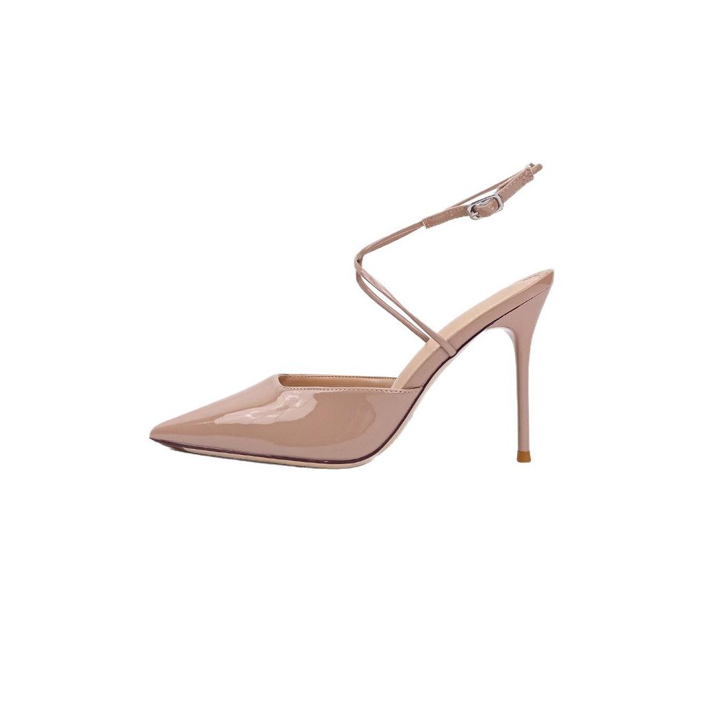 Summer sandals women's 2025 new pointed cross-strap nude patent leather high heels women's stiletto sexy sandals