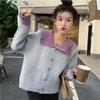 Women's Red Loose Short Sweater Doll Collar Color-Block Unique Knit Cardigan Jacket for Autumn & Winter