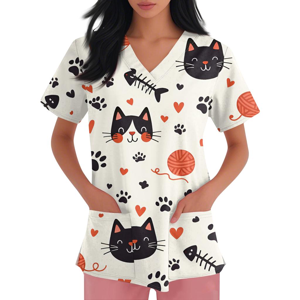 Women's Casual Short-Sleeve Cute Animal Print V-Neck Pocket Workwear Top