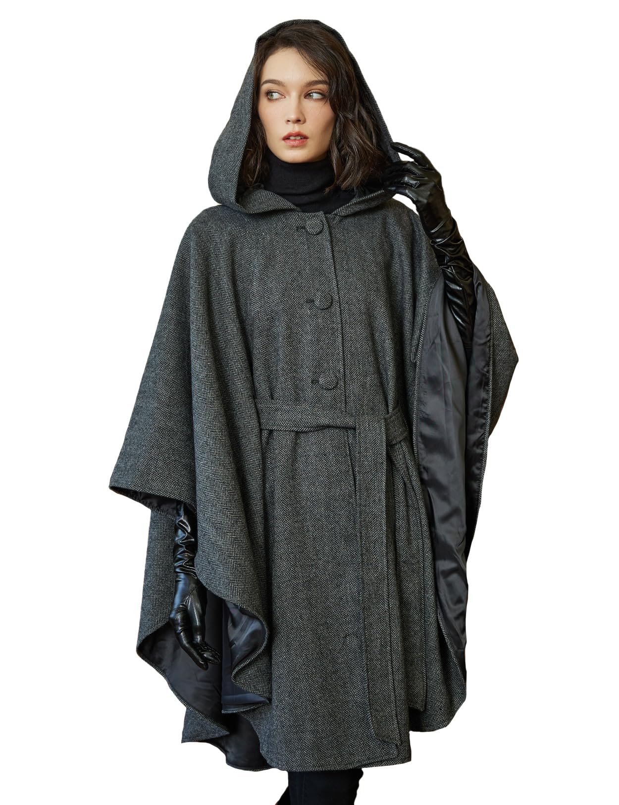 

BEAUTELICATE Кимоно-накидка из смесовой шерсти, единый размер, женское пальто, пончо, верхняя одежда, с поясом, без рукавов, на подкладке, большая часть, черно-серый