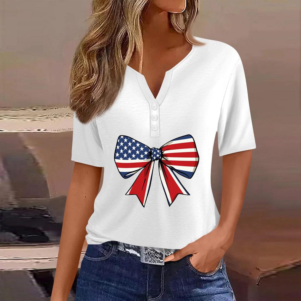 Women's T Shirt Tee Independence Day Print Button Short Sleeve Daily Weekend Fashion Basic V-Neck Regular Top