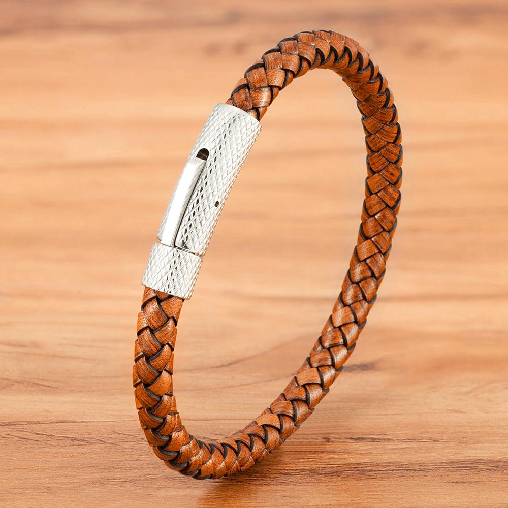 QIKU Fashion Mens Braided Leather Bracelet Black/Brown/Red Stainless Steel Retro Simple Bangle Jewelry Christmas Gift