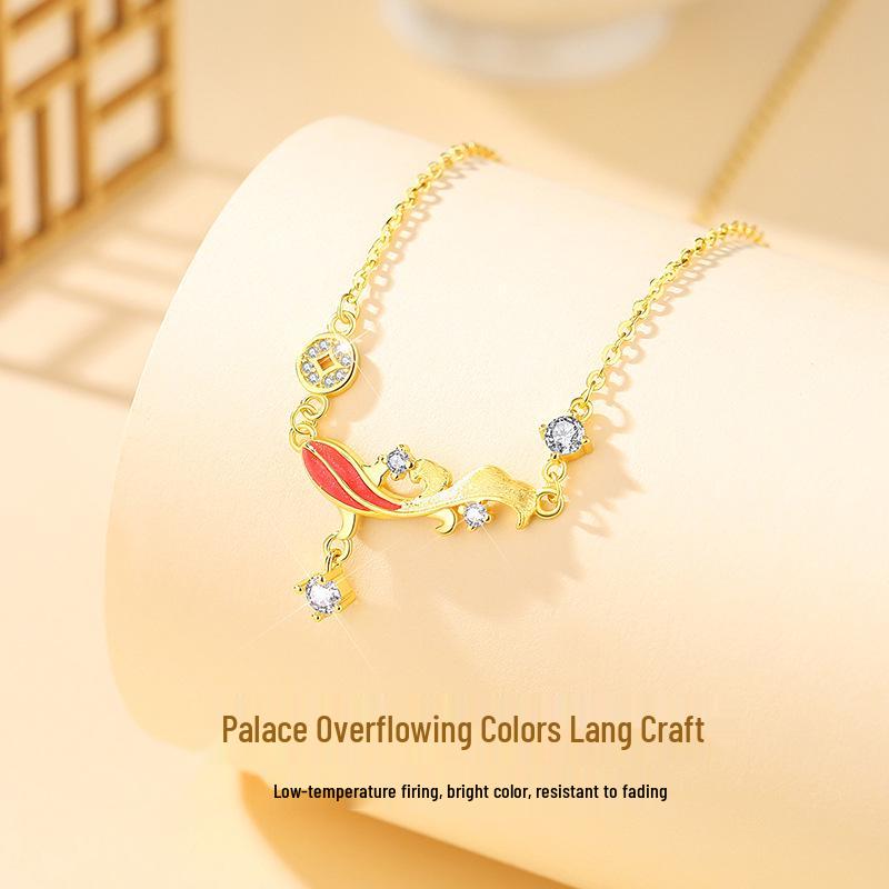 Tichia S925 Sterling Silver Koi Necklace: Chinese Style, Light Luxury, Brushed Copper Coin Clavicle Chain for Women. 925 Silver