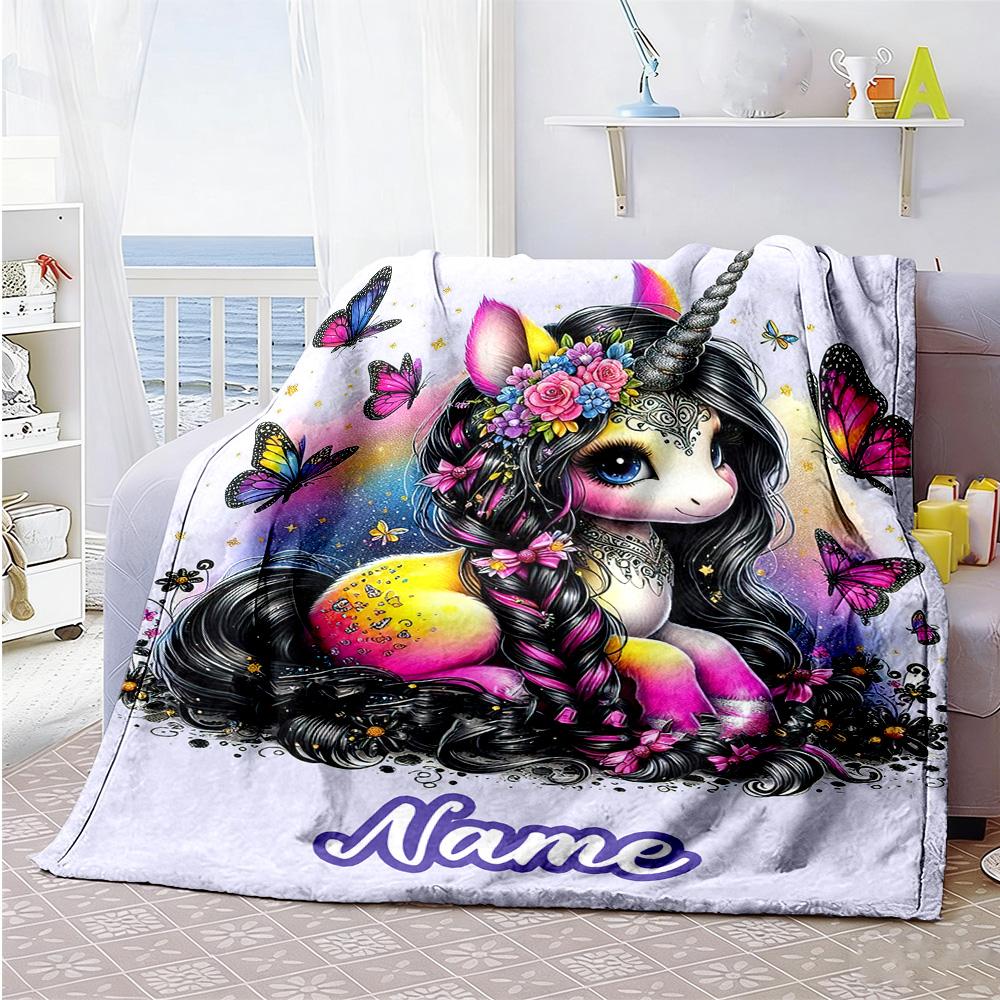 Unicorns Butterflies Customize Text Blanket Lightweight Personalized Blanket Warmthful Decor Throw For Living Room Bedding Bed Seaside