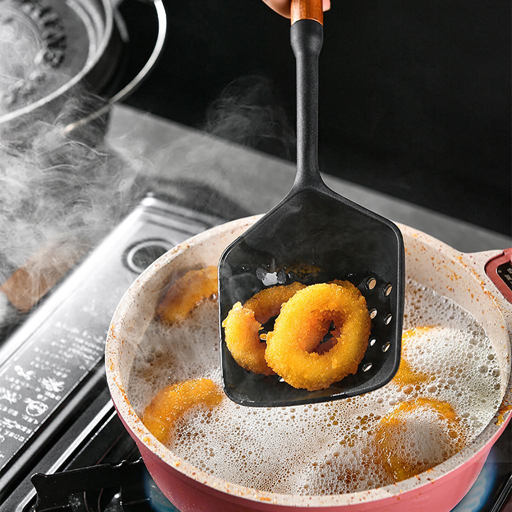 3/7pcs Black Silicone Kitchenware Set Non-Stick Cookware Kitchen Utensils Set Wooden Handle Spatula Shovel Ladle Cooking Tools