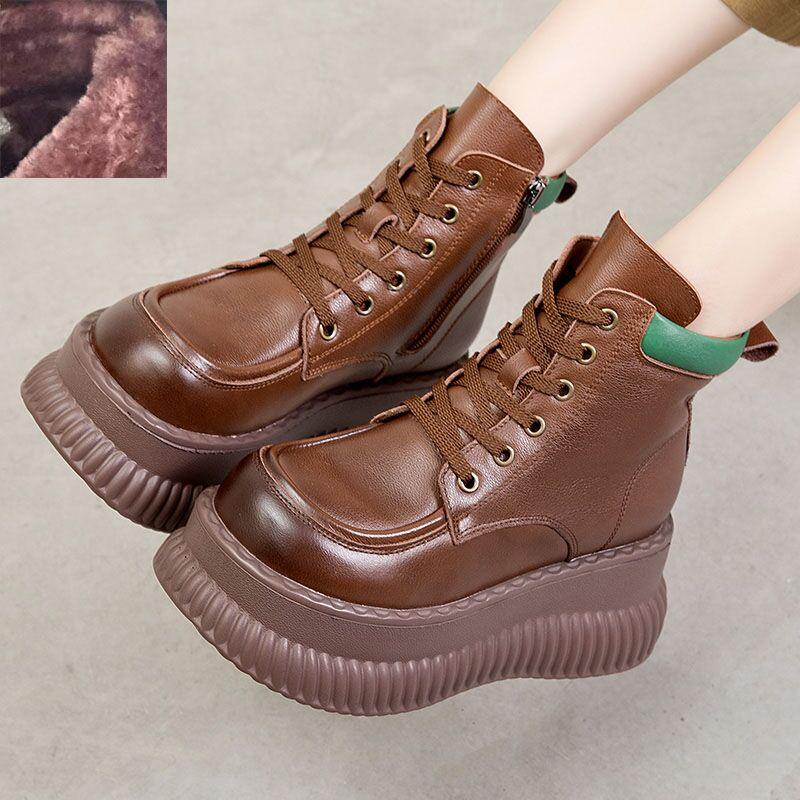 Fashion GKTINOO Genuine Leather Thick Sole Lightweight Boots 2025 Autumn Winter New Vintage Versatile Lace Up Cowhide Short Boots