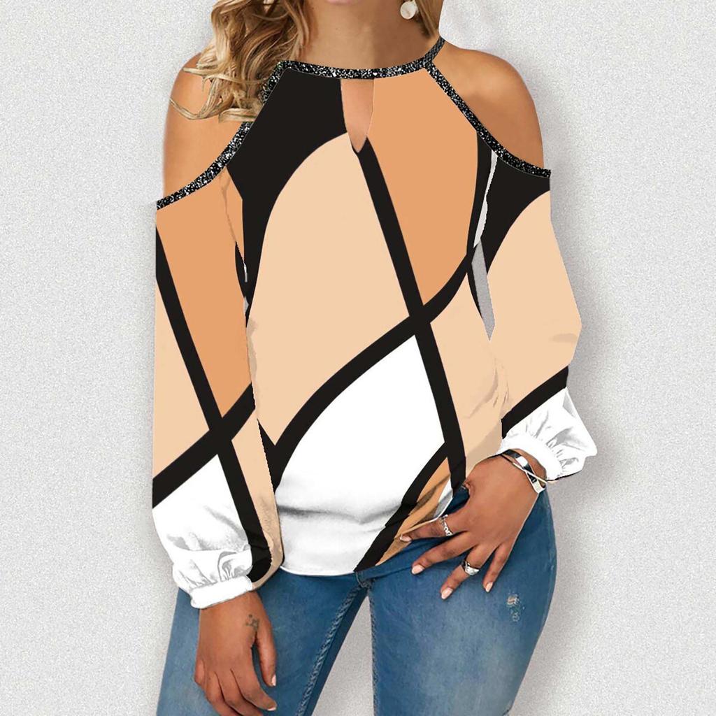 Women's Fashion Casual Temperament Round Neck Off-shoulder Irregular Color Long Sleeve T-shirt Top