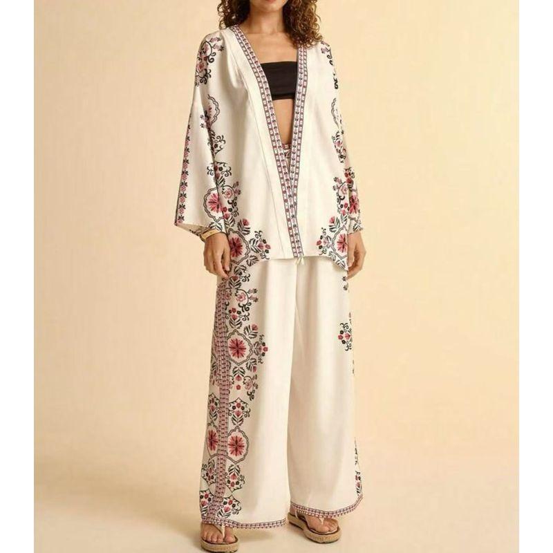 

Printed Two-Piece Set European and American Autumn Women Loose Cardigan Long sleeve Print Wide Leg Pants Set Beige White S