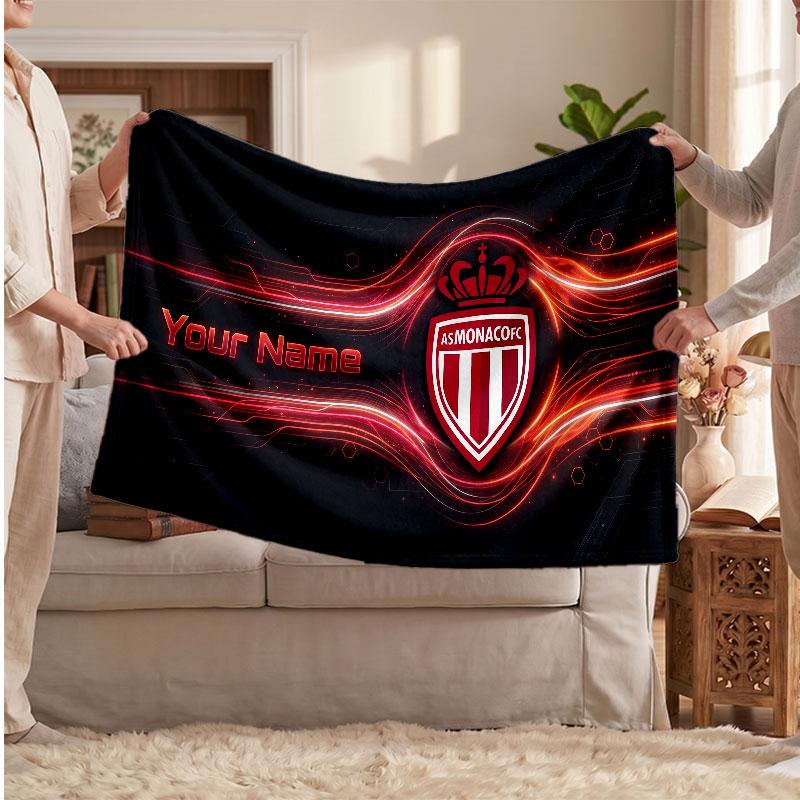 Monaco FC Personalized Fleece Blanket With Football Logo, Custom Name Text Soft Warm Home Throw Blanket