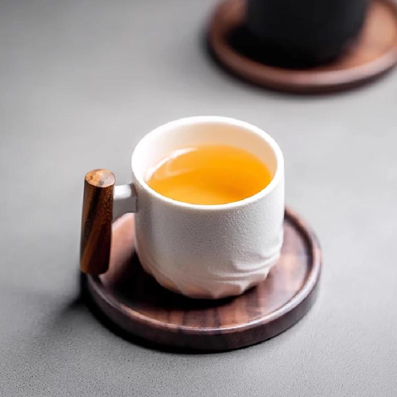 Wooden Handle Ceramic Coffee Cup Kung Fu Teacup Frosted Ceramic Mug Household Drinking Utensils Home Decoration Latte Flower Mug