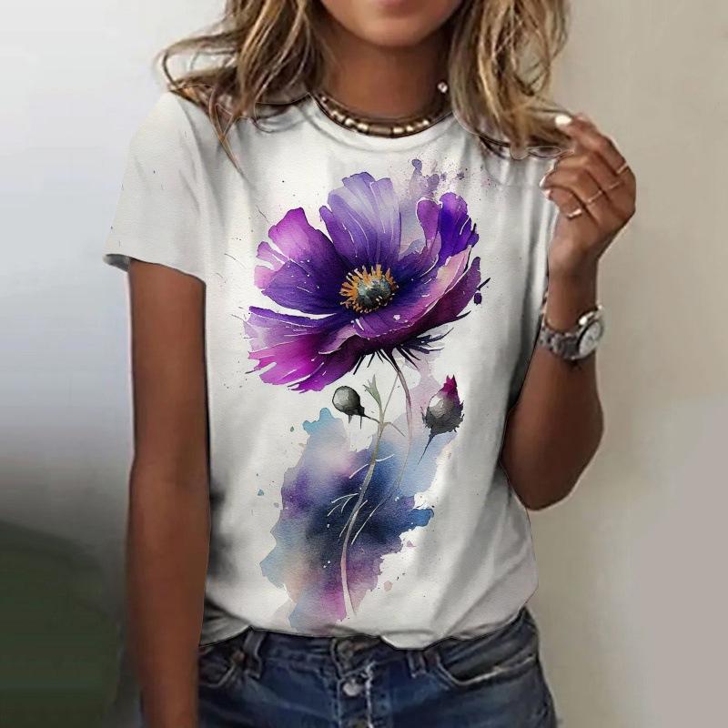 

Digital Floral Multi-color Gradient 3D Short Sleeved Women s Round Neck T-shirt Trendy Top 6xl