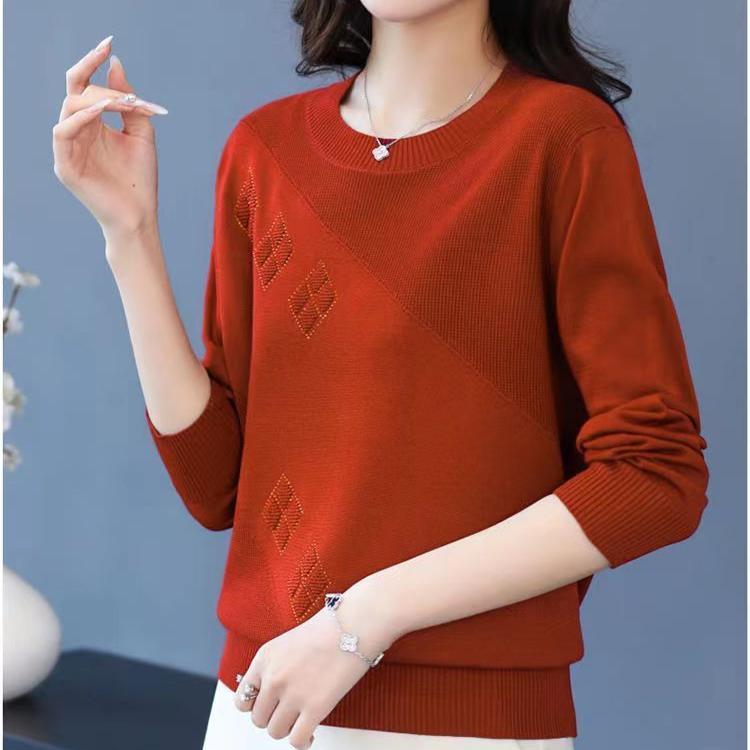 Fall Winter Women's Plus Size Sweater Long Sleeve Loose Crew Neck Knitwear Sweater Rhinestone Pullover Knit Top Stretch Jumper