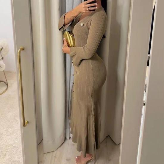 Spring Fall Women Dress Button Decor V Neck Knitted Long Sleeves Slim Fit Patchwork Fishtail Hem Solid Color Stretchy Maxi Dress