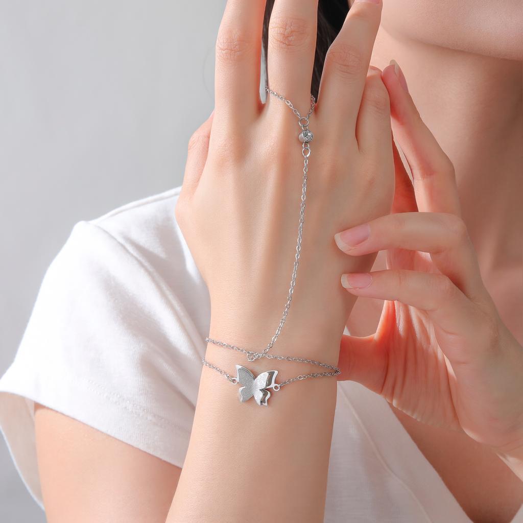 Butterfly Double Chains Bracelet Clear Zircon Finger Ring Bracelet for Women Stainless Steel Jewelry Birthday Gift 2026 New
