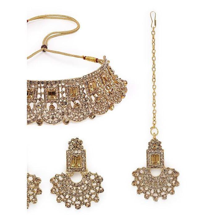 Graceful Curve Shaped  AD Stones Choker Necklace Set With Earring And Maangtika | Jewellery Set For Women