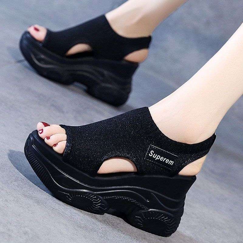 

New thick-soled wedge sandals women s 2025 spring, summer and autumn fashion muffin bottom heightening fish mouth high heels 2025 direct sales 34 чёрный