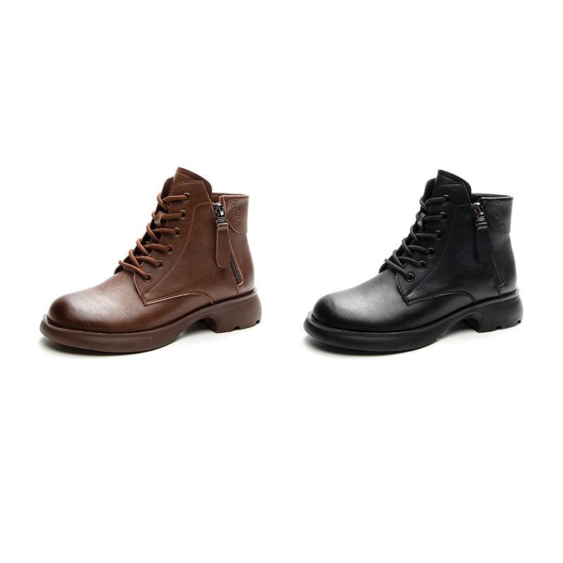 Leather low-tube Martin boots women's velvet warm retro short boots autumn and winter non-slip British platform boots