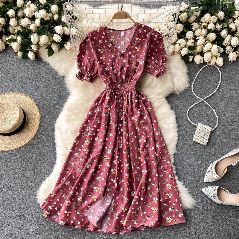 French-Style Retro Floral Dress with Puff Sleeves and Button-Up Slim Fit