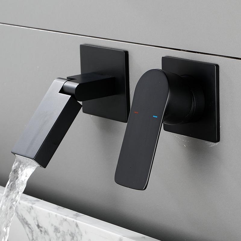 Baterie Lavoar Baie Montată pe Perete Alamă Dublă Comandă Mâner Unic Mixer Robinet Chiuvetă Apă Caldă și Rece Gri/Auriu Periat