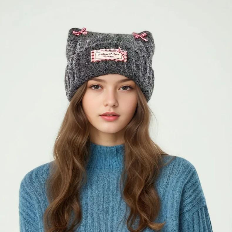 Sweet bow cat ear knitted pullover hat for women, small face in autumn and winter, warm and fashionable versatile wool hat