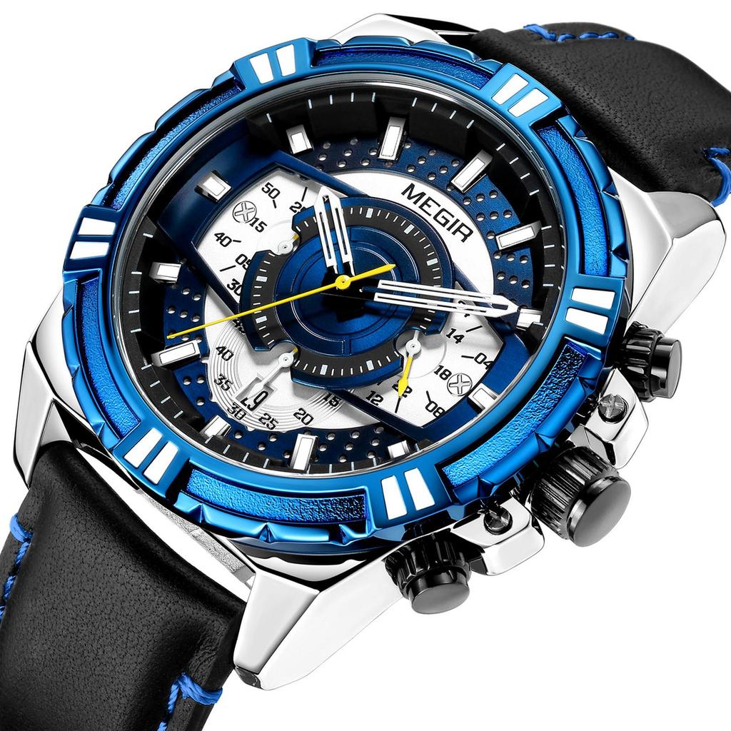 New Watches Men Luxury Brand MEGIR Chronograph Men Sports Watches Waterproof Leather Quartz Men's Watch Relogio Masculino