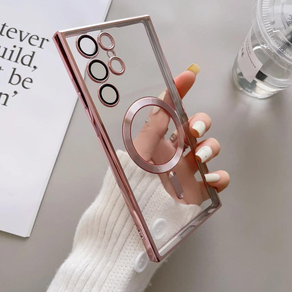 Luxury Plating For Magsafe Lens Protector Case For Samsung Galaxy S25 S24 S23 S21 S22 Ultra Plus Wireless Charge TPU Clear Cover