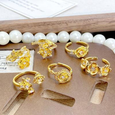 Medieval Vintag Personality Zircon Camellia Rose Open Ring Women'S Exquisite Temperament Flower Stacked Ring