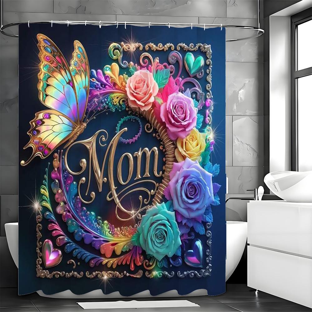 

Happy Mother s Day Butterfly Floral Shower Curtain, Bathroom Decorative Shower Curtain, Waterproof Shower Curtain with Hooks 90*180cm
