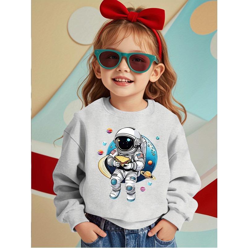 European Size Space Adventure Comfortable and Cute Kids' Crew Neck Sweatshirt with Astronaut and Planet Print - Casual Pullover Suitable for Autumn