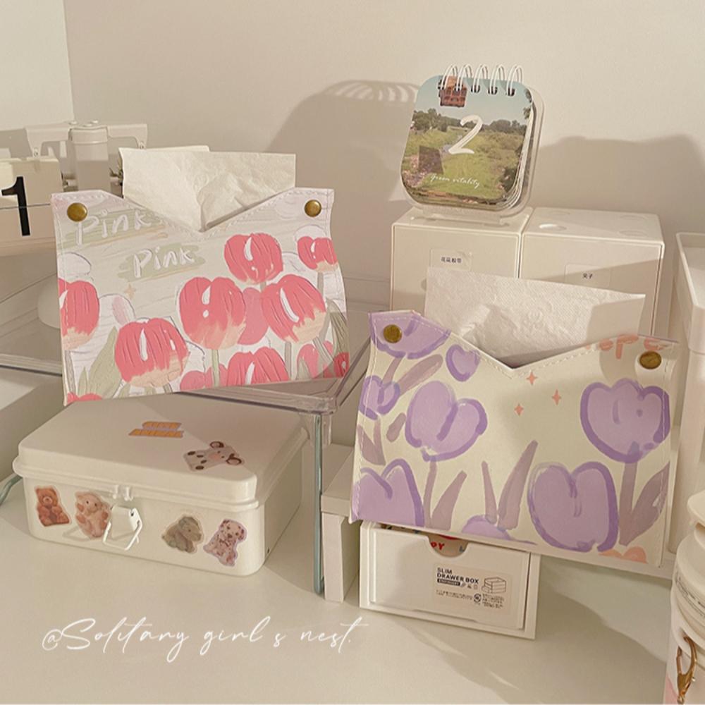 Tulip Print Tissue Box PU Living Room Paper Drawer New Storage Box