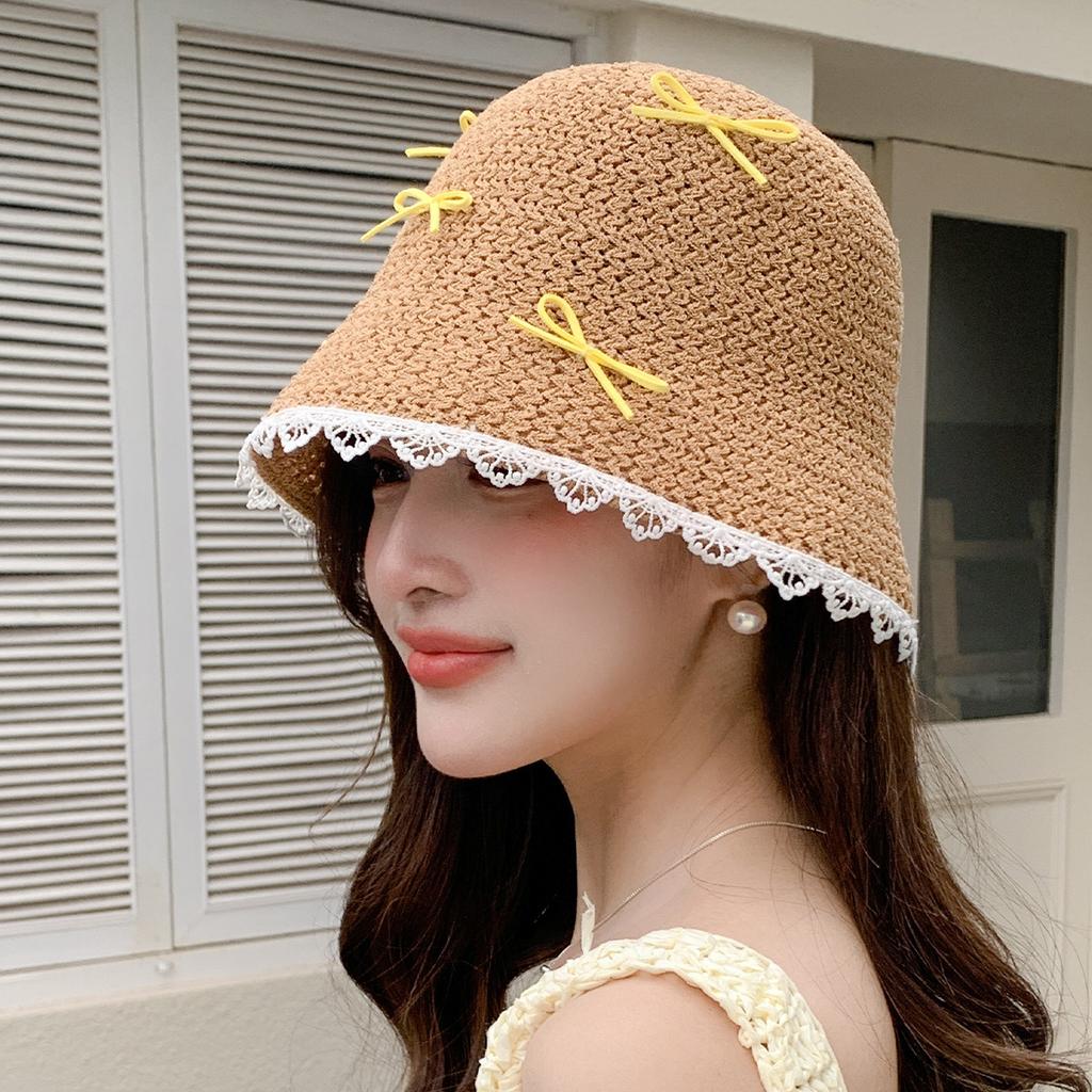 New Hollow Bucket Hat Women's Summer Breathable Sunscreen Hat Sweet Bow Sunshade Bucket Hat