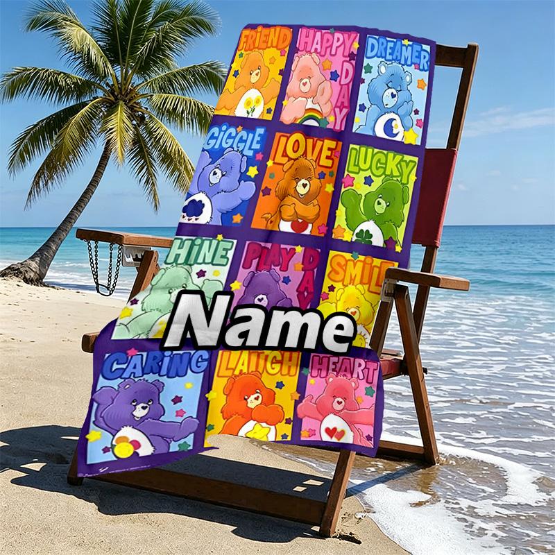 Custom Name Personalized Care Bears Print Beach Towel, for Trip Camping Beach Party Home Decor, Birthday Gift for Family & Friends