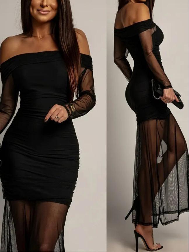 European Off-Shoulder Mesh Patchwork Slim Fit Long Sleeve Bodycon Dress