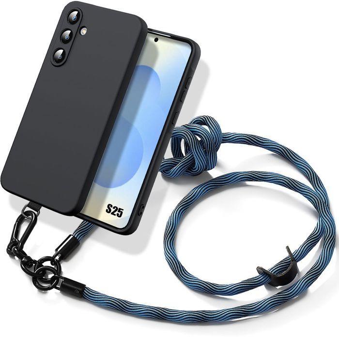 Coque pour Samsung Galaxy S25 - Protection Silicone Antichoc Noir avec Cordon Détachable Bleu